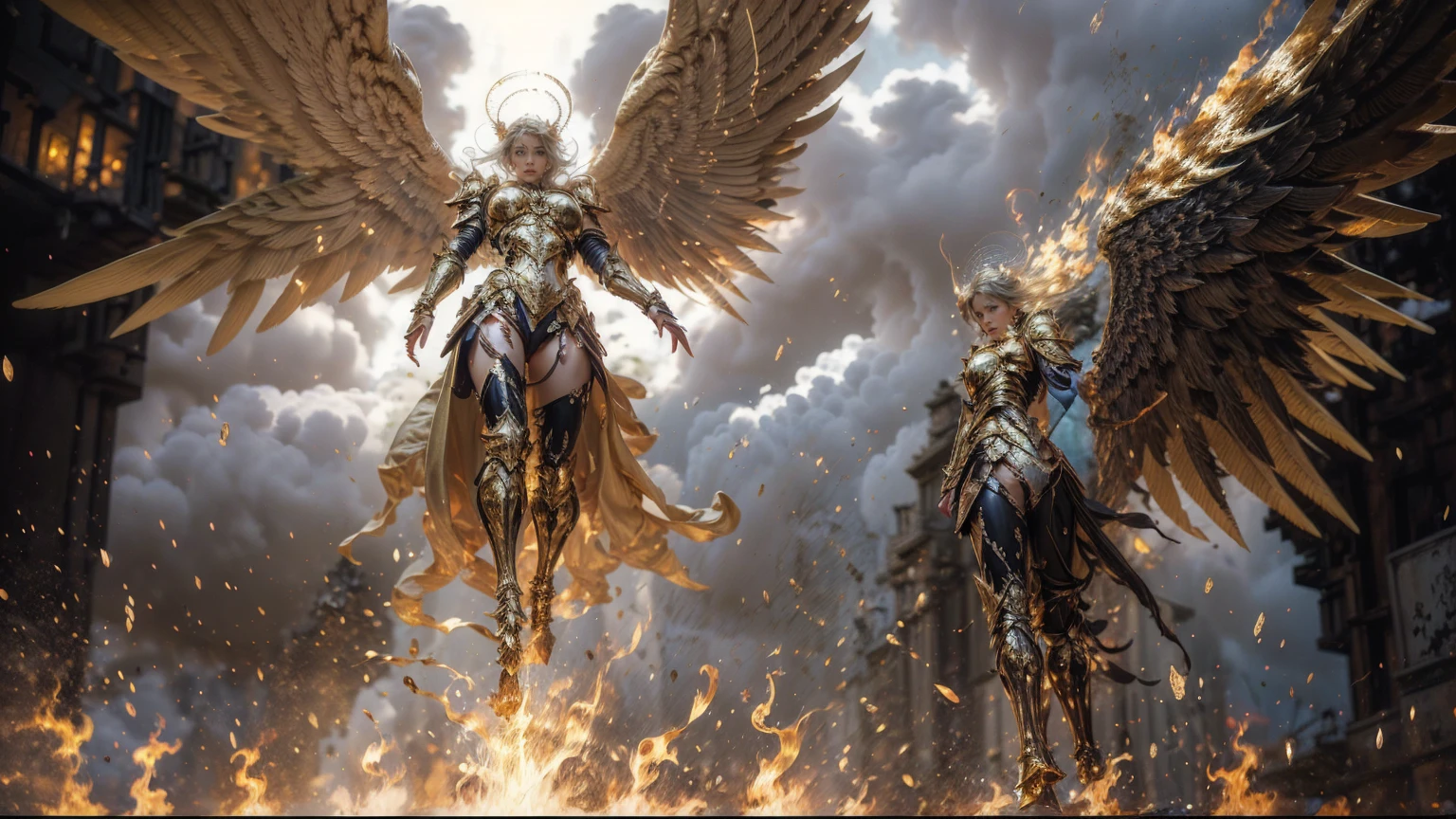 full body photo (Remote photos) Masterpiece, best quality, 1 girl,Beautiful, round, large breasts., ((Sexy tight-fitting golden armor)) It has black wings., Golden Clouds,