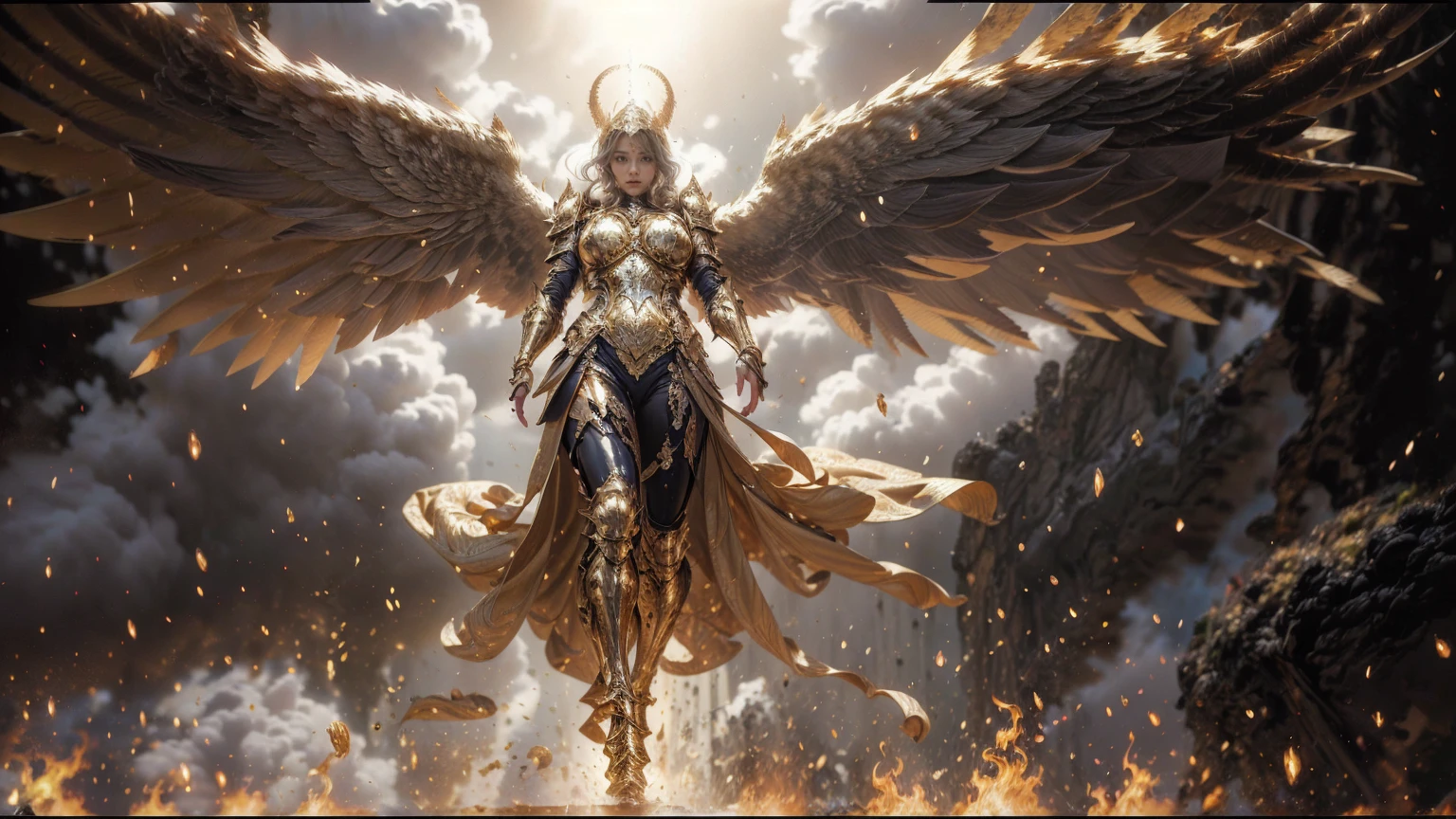full body photo (Remote photos) Masterpiece, best quality, 1 girl,Beautiful, round, large breasts., ((Sexy tight-fitting golden armor)) It has black wings., Golden Clouds,