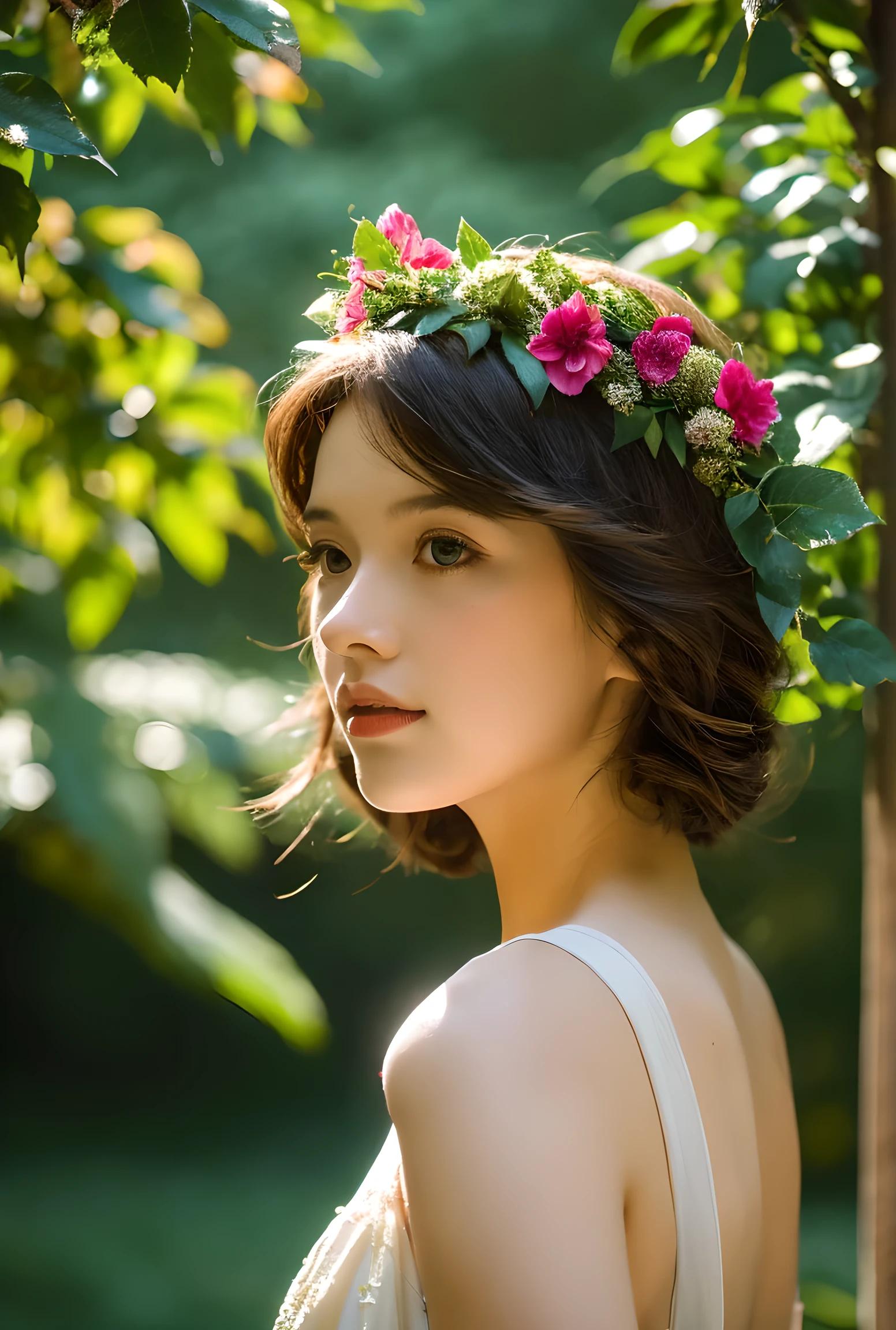 (Best Quality, 4K, 8K, High Resolution, Masterpiece: 1.2), Ultra Detailed, 1 Girl, Elegant Dress, Intricate Flower Crown, Sun-Dappled Forest, Lush Greenery, Back view,Warm Prime-Time Lighting, Vibrant Colors, Cinematic Composition, Dramatic Lighting, Fantastical Landscapes, Cinematic, Fantastic