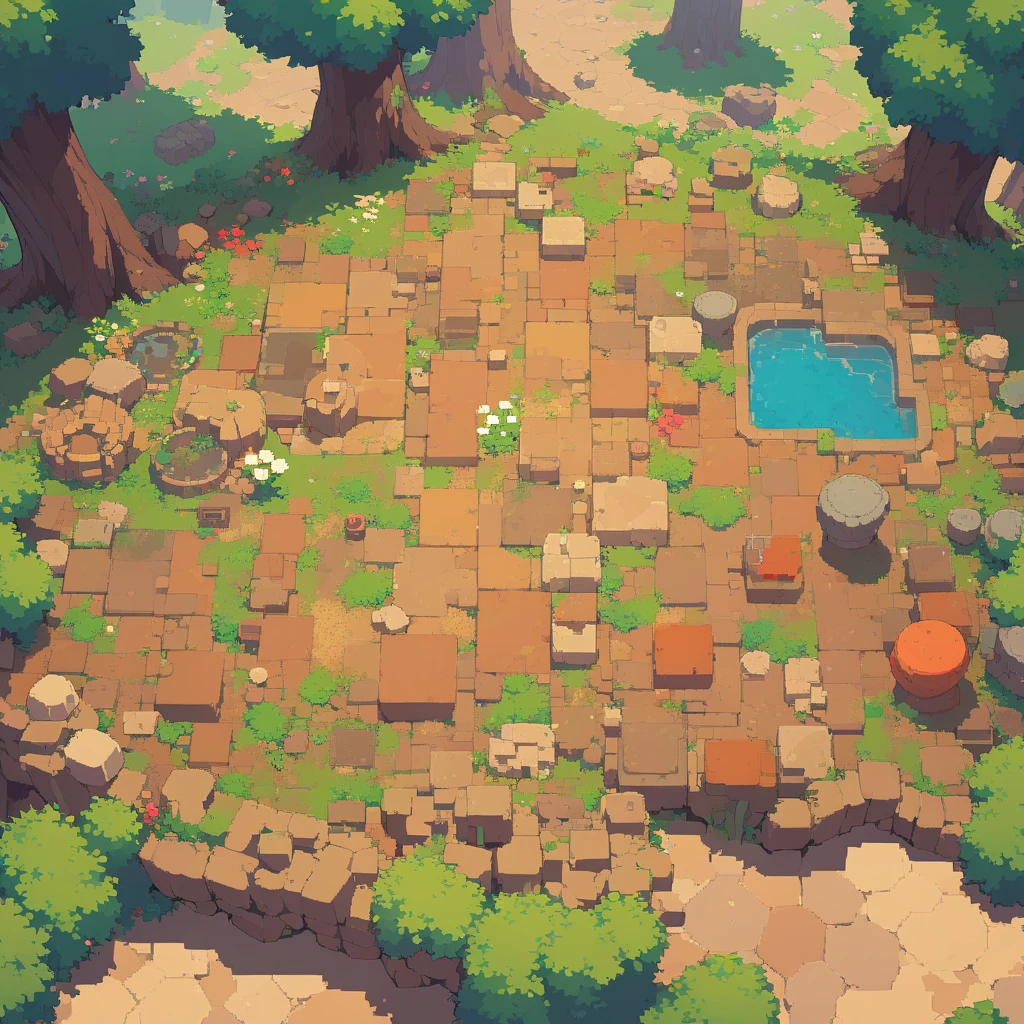 retro video game style,pixelated graphics,vibrant colors,8-bit characters,blocky shapes,sharp lines,detailed shading,classic gaming vibe,nostalgic atmosphere,classic arcade games,masterpiece:1.2,ultra-detailed,illustration style, 2d texture, clay texture, stone texture, 4 k seamless mud texture, video game texture, dirt texture, clay material, flat texture, grass, trees, rock texture, rocky ground, forest, topdown view, game texture, background art, ground very detailed, dirt, floor texture, tileable texture, flowers, bushes, shrubs, intricate ground stone, top down view, 3/4th perspective