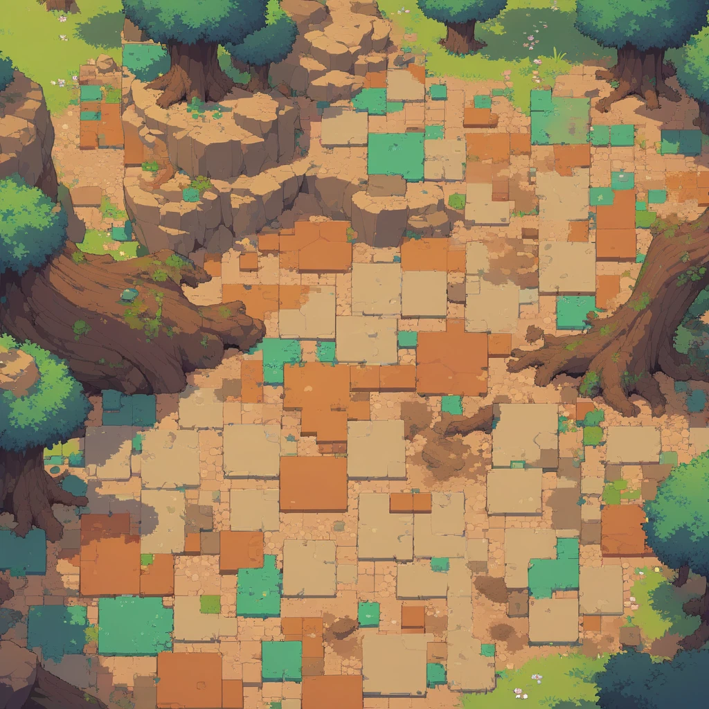 retro video game style,pixelated graphics,vibrant colors,8-bit characters,blocky shapes,sharp lines,detailed shading,classic gaming vibe,nostalgic atmosphere,classic arcade games,masterpiece:1.2,ultra-detailed,illustration style, 2d texture, clay texture, stone texture, 4 k seamless mud texture, video game texture, dirt texture, clay material, flat texture, grass, trees, rock texture, rocky ground, forest, topdown view, game texture, background art, ground very detailed, dirt, floor texture, tileable texture, flowers, bushes, shrubs, intricate ground stone, top down view, 3/4th perspective