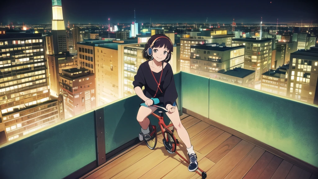 (High resolution, Best Quality, Masterpiece:1.2), (Realistic illustrations), Lo-fi Hip Hop, flat, 2.5D, Line art, Gouache color, Studio Ghibli style, Great colorful, Relaxed girl listening to music with headset, smile, はにかんだsmile, 80s city night view, Riding a bicycle