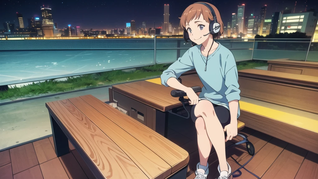 (High resolution, Best Quality, Masterpiece:1.2), (Realistic illustrations), Lo-fi Hip Hop, flat, 2.5D, Line art, Gouache color, Studio Ghibli style, Great colorful, Relaxed girl listening to music with headset, smile, はにかんだsmile, 80s city night view, Riding a bicycle