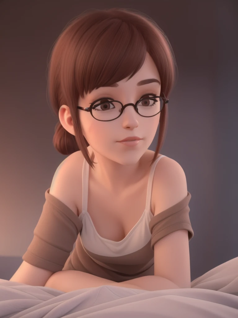 a beautiful woman with short brown hair in a ponytail, very big round glasses, high quality refelctions, reflections on glasses, volumetric lighting, wearing a plain white t-shirt, in her bedroom on her bed, 1 girl solo, cinematic lighting, high resolution, physically-based rendering, extremely detailed, 8k, volumetric lighting, hyperrealistic, detailed facial features, masterpiece, intricate details, full body, nsfw
