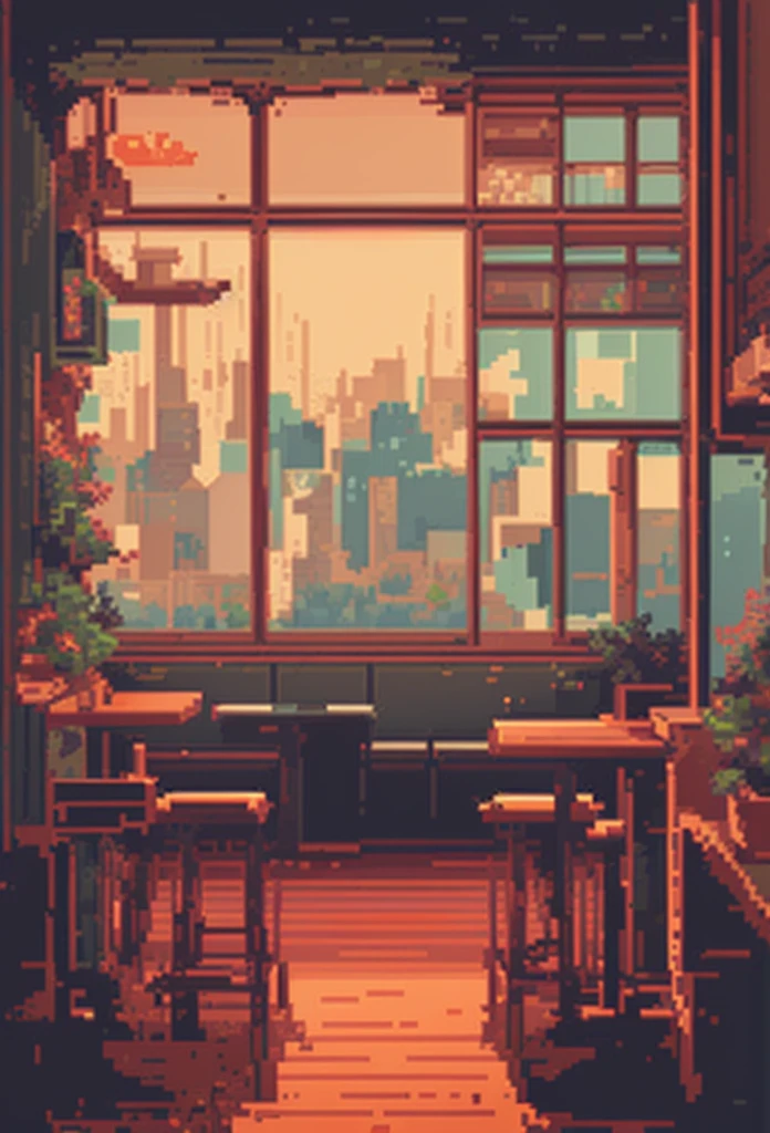 there is a Pixel Art style picture of a restaurant with a view of the city, beautiful detailed Pixel Art, detailed Pixel Art, # Pixel Art, #Pixel Art, #Pixel Art:3, detailed Pixel Artwork, cozy cafe background, Pixel Art, Pixel Art style, Lo-Fi Retro Video Games, Low-fidelity illustration style, Lofi Art, concept Pixel Art, Pixel Art, Pixel Art,night