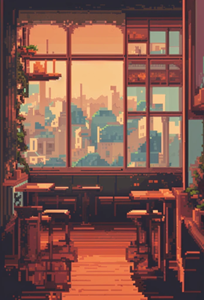 there is a Pixel Art style picture of a restaurant with a view of the city, beautiful detailed Pixel Art, detailed Pixel Art, # Pixel Art, #Pixel Art, #Pixel Art:3, detailed Pixel Artwork, cozy cafe background, Pixel Art, Pixel Art style, Lo-Fi Retro Video Games, Low-fidelity illustration style, Lofi Art, concept Pixel Art, Pixel Art, Pixel Art,night