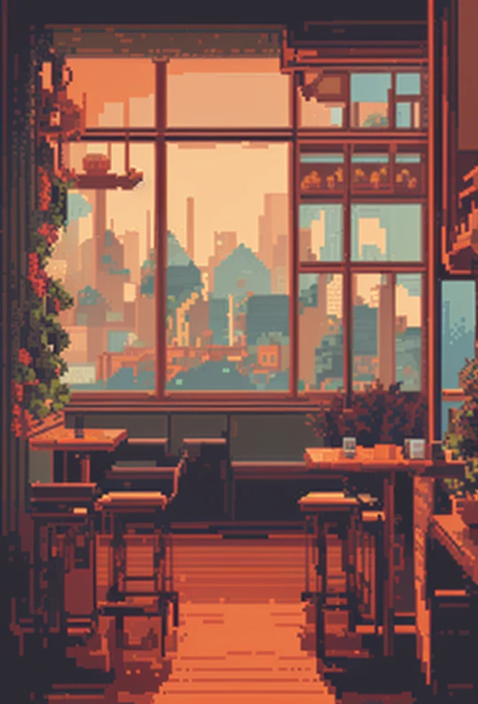 there is a Pixel Art style picture of a restaurant with a view of the city, beautiful detailed Pixel Art, detailed Pixel Art, # Pixel Art, #Pixel Art, #Pixel Art:3, detailed Pixel Artwork, cozy cafe background, Pixel Art, Pixel Art style, Lo-Fi Retro Video Games, Low-fidelity illustration style, Lofi Art, concept Pixel Art, Pixel Art, Pixel Art,night
