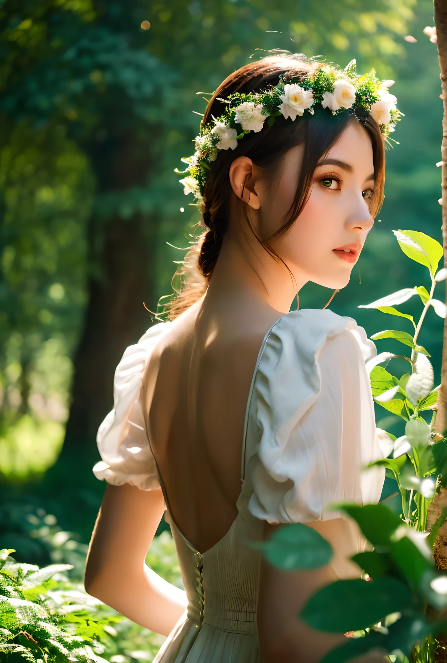 (Best Quality, 4K, 8K, High Resolution, Masterpiece: 1.2), Ultra Detailed, 1 Girl, Elegant Dress, Intricate Flower Crown, Sun-Dappled Forest, Lush Greenery, Back view,Warm Prime-Time Lighting, Vibrant Colors, Cinematic Composition, Dramatic Lighting, Fantastical Landscapes, Cinematic, Fantastic