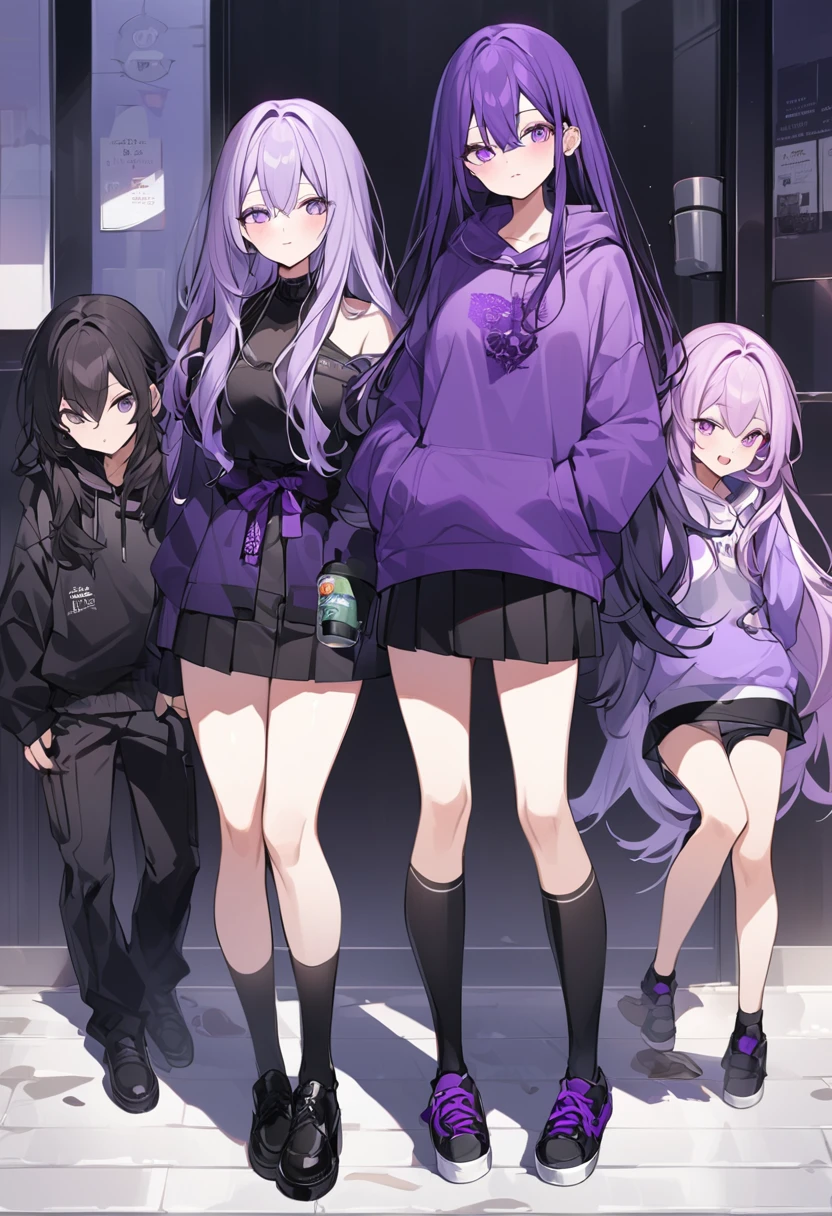 In a purple hoodie、Wearing a black short skirt、Wearing black socks、wearing black shoes。hair is black、Purple eyes。Breasts are K cup。The skin is white and、Long hair。Has one brother and one sister。My sister has an E cup。All in purple hoodies。All hair is black。My brother is wearing black pants.。