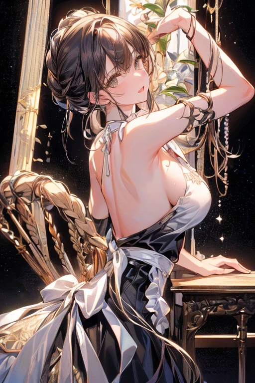 (from below:1.2),(from side:0.9), ((Face)), (Close-Up:0.4), (A masterpiece of image quality in 8K),(Beautiful Allafed Woman),(((emphasizing breasts:1.3))),(Dynamic angles),(Dynamic and sexy bending pose:1.3),(sit a chair:1.3),(Short hair in shiny silver and orange inner colors,large full breasts,Disturbance of clothing due to movement,breast slip,(Ponytail twisted buns adorned with elaborate braids and beads,Braided Setup Fishbone Hair:1.2),(see-through bangs),small breasts,(((A brown lace apron that shows your bare skin from under your small breasts.......)))、Blush with embarrassment、Enraptured eyes、 open mouth,A smile that beguiles the viewer、(Look back:1.7)、Look into the photographer,skin glistening with sweat,gazing at viewer,,(Professional Lighting),(masutepiece,top-quality,Ultra-high resolution output image,),(Ultra HD with complex detail image modes),depth of fields,Beautiful hands,Beautiful fingers,Detailed finger features,(Detailed hair features:1.7),detailed facial features,detailed clothes features,