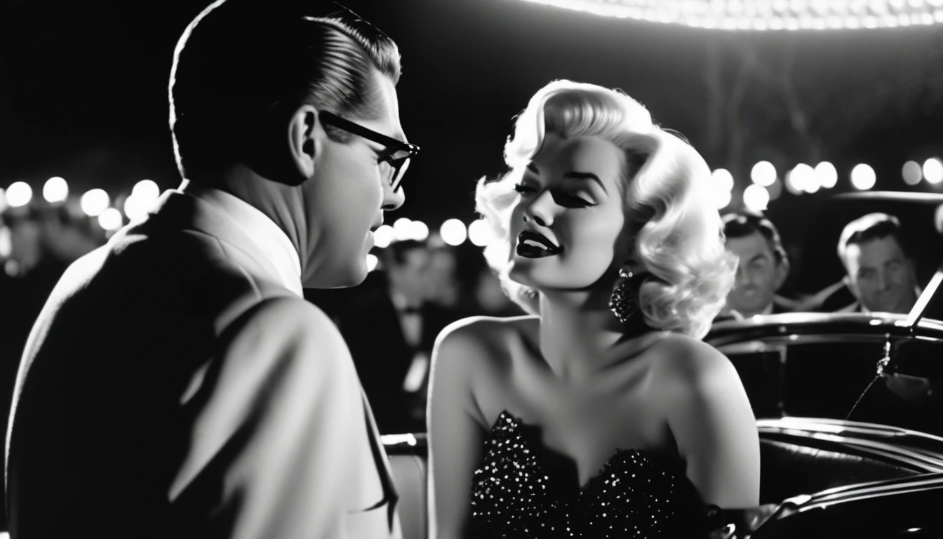 a poster shot from a vintage film still of Marilyn Monroe with makeup looking at Clark Gable with glasses and clean shaving outside a hollywood matinee at night, film poster, vintage photo, , panavision, 16:9, vintage photography, haze, bokeh, glamorous composition, film still, champagne commercial, inspired by George Hurrell, steven meisel photography, very realistic film still, color