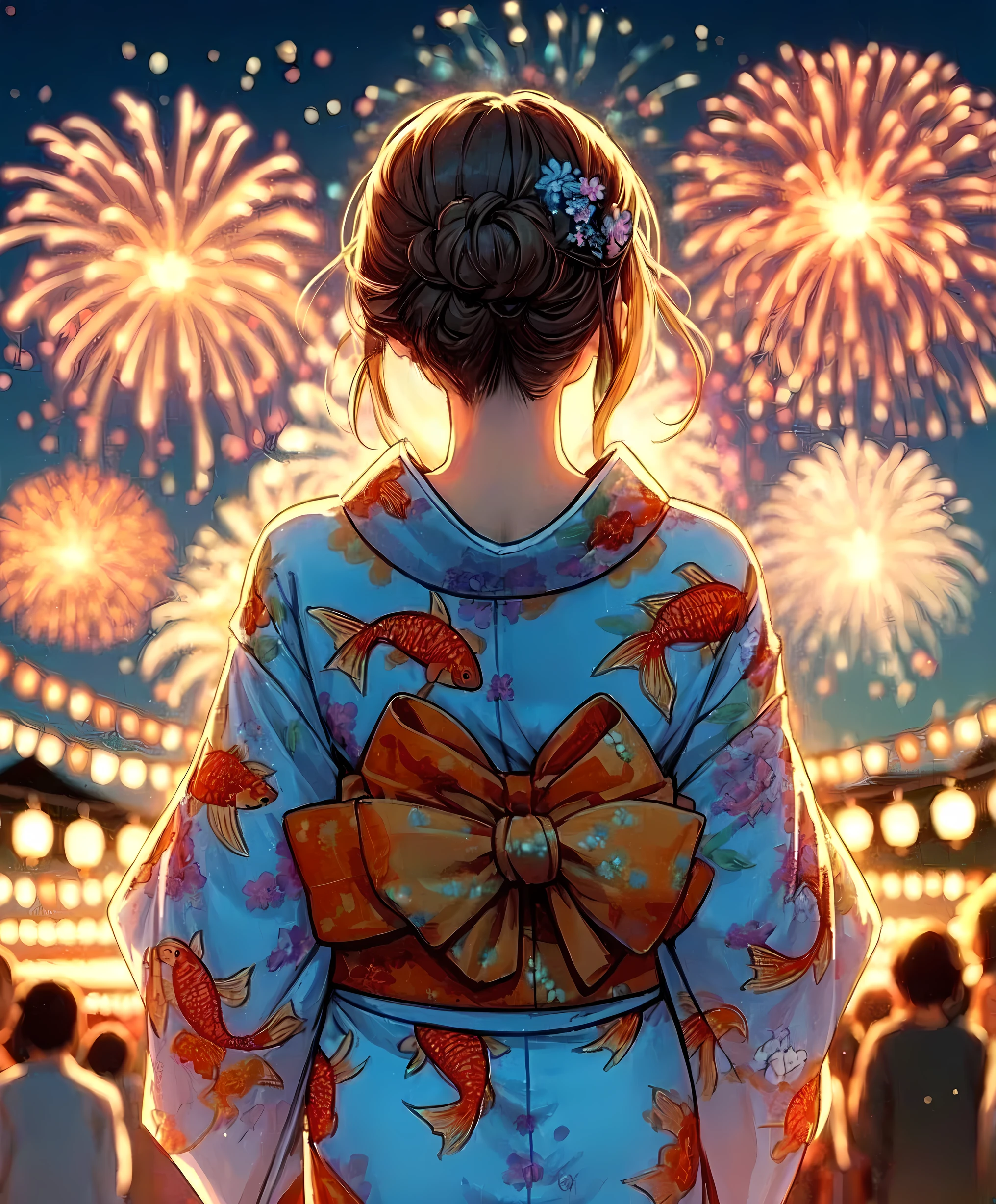 1lady solo, standing, back of head, (from behind), looking up at sky, (elegant yukata:1.1) (small golden fish-patterned:1.1), mature female, /(brown hair/), hair up, flower ornament, (nape of neck), (masterpiece best quality:1.2) delicate illustration ultra-detailed BREAK (summer festival) outdoors, (elegant fireworks), night sky, contrast, crowded, detailed background