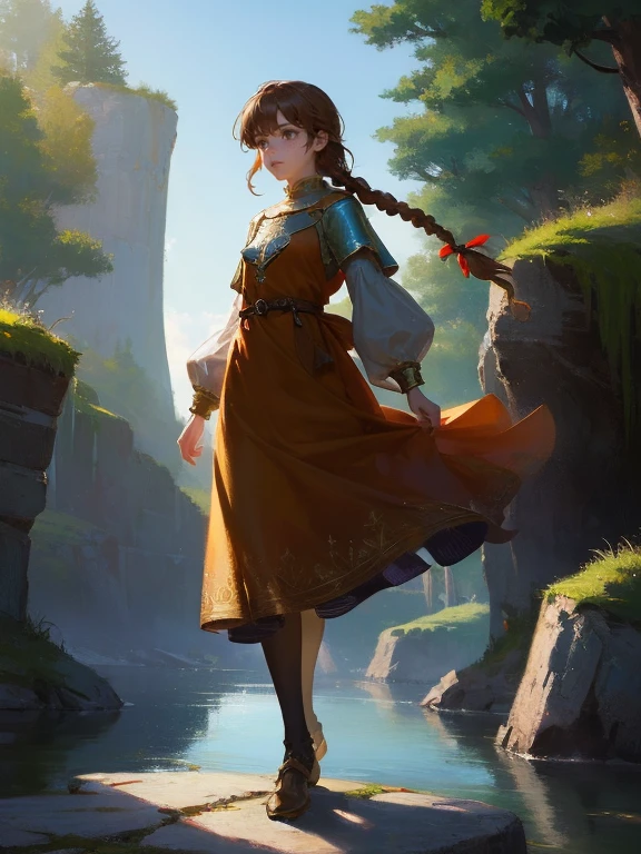 masterpiece, best quality, rpg character art, epic fantasy art style, 1 girl, Lily, 11 year old girl, ???, serious demeaner, dynamic pose, super powers, ready for battle, she has a white glow around her body, floating rocks levitating around her, full body fantasy concept art, caramel brown hair in 2 long braids, brown eyes, freckles, high detail, fantasy medieval style clothes (light clothing, modest but feminine), intricate details, ultra high resolution, sharp focus, HD, 8k, clear facial features, clear details, background is a forest, zoomed out view