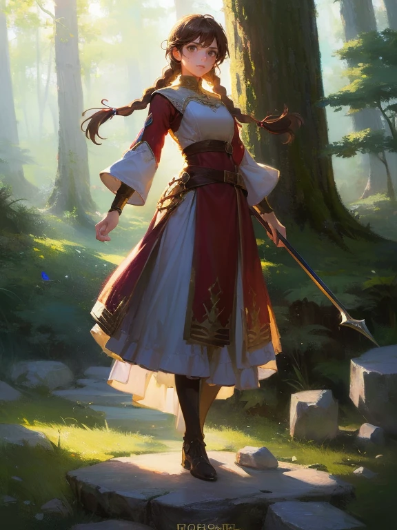 masterpiece, best quality, rpg character art, epic fantasy art style, 1 girl, Lily girl, kid, serioueaner, dynamic pose, super powers, ready for battle, she has a white glow around her body, floating rocks levitating around her, full body fantasy concept art, caramel brown hair in 2 long braids, brown eyes, freckles, high detail, fantasy medieval style clothes (light clothing, modest but feminine), intricate details, ultra high resolution, sharp focus, HD, 8k, clear facial features, clear details, background is a forest, zoomed out view