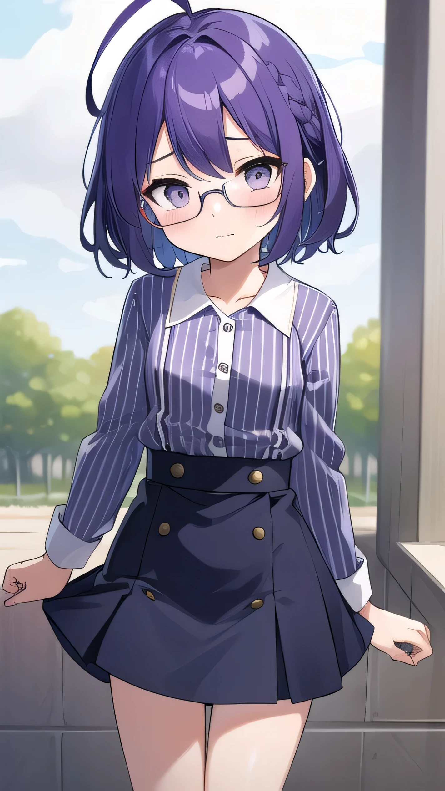 (Purple hair:1.4), gray eyes, white , navy blue miniskirt, 11 years old, short, short long hair, kind expression, shy, , almost no breasts, slightly exposed. hair,(flipped hair ), flipped hair, long sleeves, ahoge, girl alone, flipped hair, flipped hair, flipped hair, flipped hair, glasses with no edges, embarrassed, flat chest,(striped shirt:1.3)