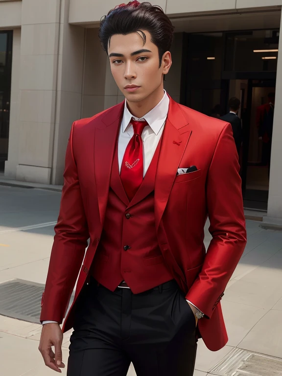 arafed man in a red suitสวมแว่นตา, and tie standing outside, Wear a red formal dress, red suit, wearing a black and red suit, red suitและสีดำ, wearing red dress, black and red suit, High quality suit, elegant suit, cool red shirt, red shirt, wearing red shirt, red tail coat, wear red clothes, wear a fashion suit