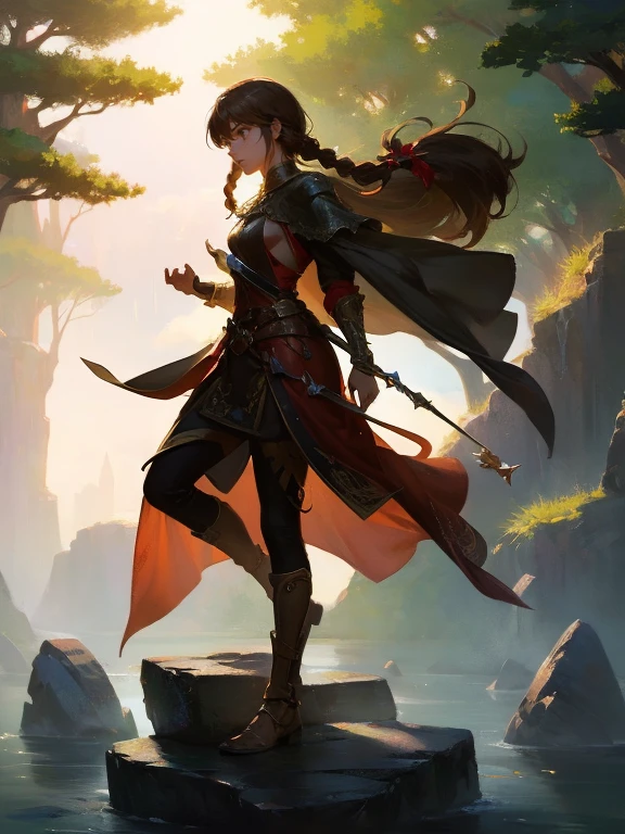 masterpiece, best quality, rpg character art, epic fantasy art style, 1 girl, Lily, 11 year old girl, ???, serious demeaner, dynamic pose, super powers, ready for battle, she has a white glow around her body, floating rocks levitating around her, full body fantasy concept art, caramel brown hair in 2 long braids, brown eyes, freckles, high detail, fantasy medieval style clothes (light clothing, modest but feminine), intricate details, ultra high resolution, sharp focus, HD, 8k, clear facial features, clear details, background is a forest, zoomed out view