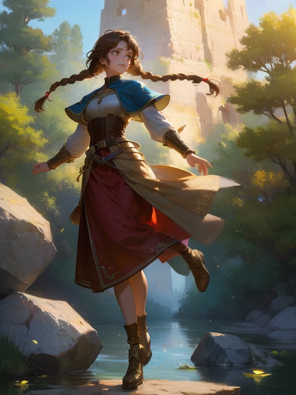 masterpiece, best quality, rpg character art, epic fantasy art style, 1 girl, Lily, 11 year old girl, kid, serious demeaner, dynamic pose, super powers, ready for battle, she has a white glow around her body, floating rocks levitating around her, full body fantasy concept art, caramel brown hair in 2 long braids, brown eyes, freckles, high detail, fantasy medieval style clothes (light clothing, modest but feminine), intricate details, ultra high resolution, sharp focus, HD, 8k, clear facial features, clear details, background is a forest, zoomed out view