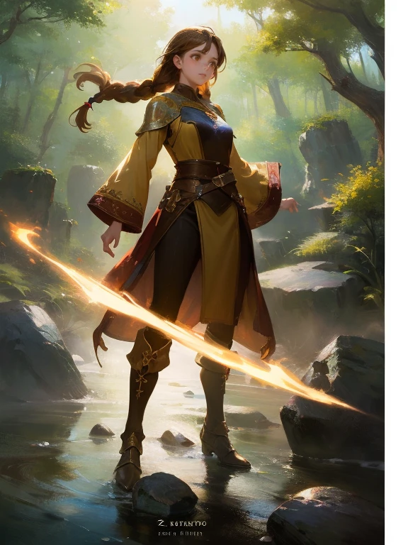 masterpiece, best quality, rpg character art, epic fantasy art style, 1 girl, Lily girl, kid, serioueaner, dynamic pose, super powers, ready for battle, she has a white glow around her body, floating rocks levitating around her, full body fantasy concept art, caramel brown hair in 2 long braids, brown eyes, freckles, high detail, fantasy medieval style clothes (light clothing, modest but feminine), intricate details, ultra high resolution, sharp focus, HD, 8k, clear facial features, clear details, background is a forest, zoomed out view