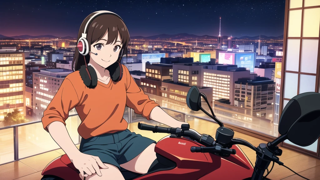 (High resolution, Best Quality, Masterpiece:1.2), (Realistic illustrations), Lo-fi Hip Hop, flat, 2.5D, Line art, Gouache color, Studio Ghibli style, Great colorful, Relaxed girl listening to music with headset, smile, はにかんだsmile, 80s city night view, Riding a motorcycle
