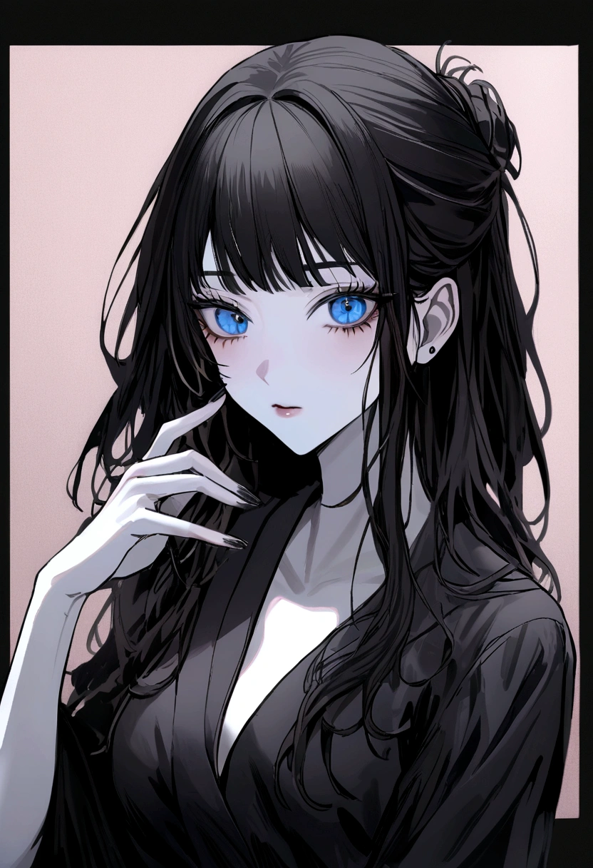 A girl has black long hair,she has hime styles for her hair,she has ocean blue eyes,white rosy skin and she from Jujutsu Kaisen,she is Gojo student