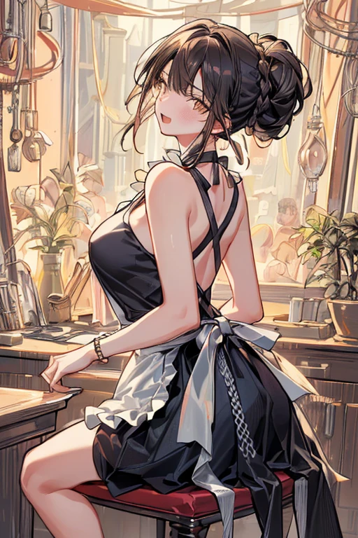 (from below:1.2),(from side:0.9), ((Face)), (Close-Up:0.4), (A masterpiece of image quality in 8K),(Beautiful Allafed Woman),(((emphasizing breasts:1.3))),(Dynamic angles),(Dynamic and sexy bending pose:1.3),(sit a chair:1.3),(Short hair in shiny silver and orange inner colors,large full breasts,Disturbance of clothing due to movement,breast slip,(Ponytail twisted buns adorned with elaborate braids and beads,Braided Setup Fishbone Hair:1.2),(see-through bangs),small breasts,(((A brown lace apron that shows your bare skin from under your small breasts.......)))、Blush with embarrassment、Enraptured eyes、 open mouth,A smile that beguiles the viewer、(Look back:1.7)、Look into the photographer,skin glistening with sweat,gazing at viewer,,(Professional Lighting),(masutepiece,top-quality,Ultra-high resolution output image,),(Ultra HD with complex detail image modes),depth of fields,Beautiful hands,Beautiful fingers,Detailed finger features,(Detailed hair features:1.7),detailed facial features,detailed clothes features,