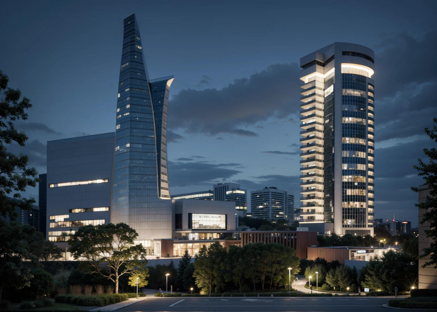 laowang, landscape with wild grass foreground, building, urban, Commercial, terrace, reflection, rainny, rain, humidity,((masterpiece)), (cyberpunk1.3), high las ((best quality:1.4)), (ultra-high resolution:1.2), (realistic:1.4),(8k:1.2), nsanely detailed, buildings, architecture, interior light, landscape, art artarchitecture, (Curvilinear architecture:1.2), masterpiece, realistic, best quality, high-rise office building, architectural renderings, horizen facade, tree, vehicle, andscape, cloudy_sky, road, street, city, curtain wall, high-rise complex, futurism,Science and technology style,Night scene,City light,