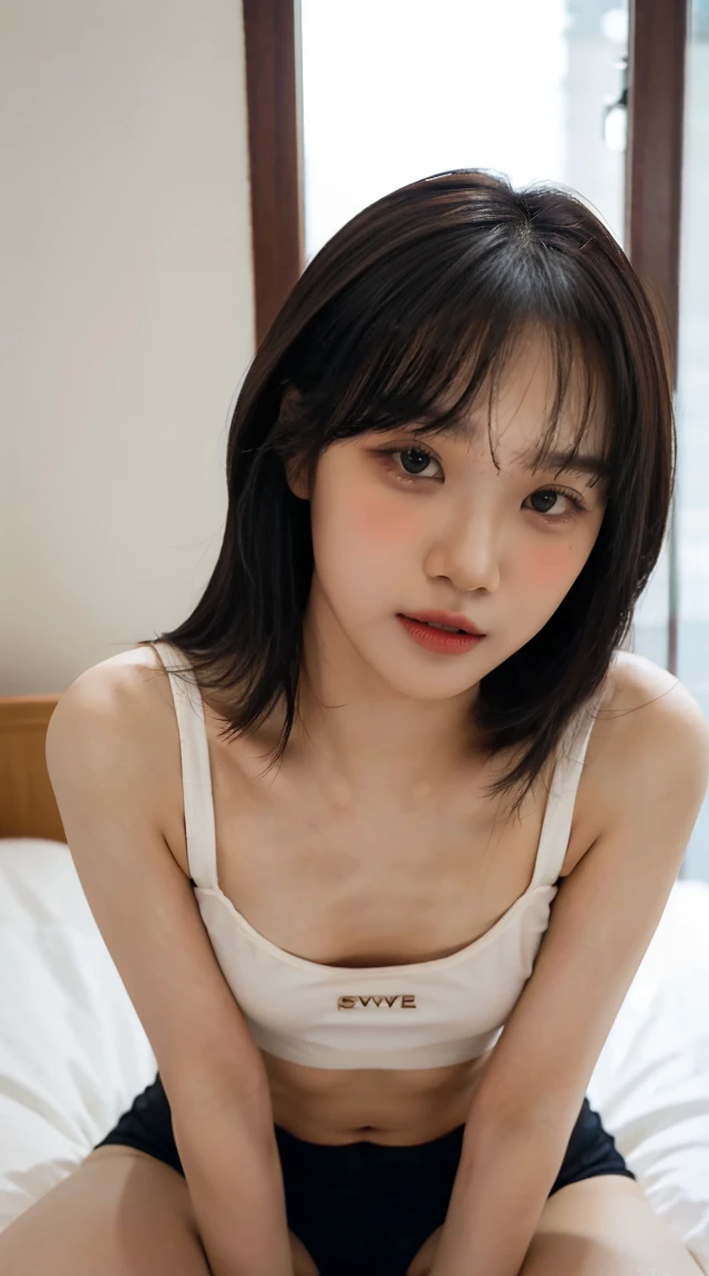 highest quality, masterpiece, ultra high resolution, (realistic:1.4), Raw photo, 1 girl , simple gray background, ((naked、lie down on the bed、spread legs、From above、small breasts)), looking at the viewer