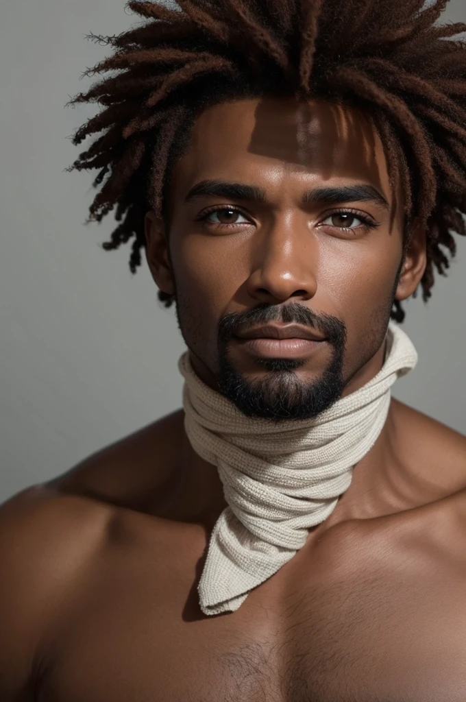 African male between 25 and 30 years old. Zulu warrior's gate. strong features. olhos grandes e brilhantes, thick lips, without beard and short hair. Stately. wearing no shirt. white background.