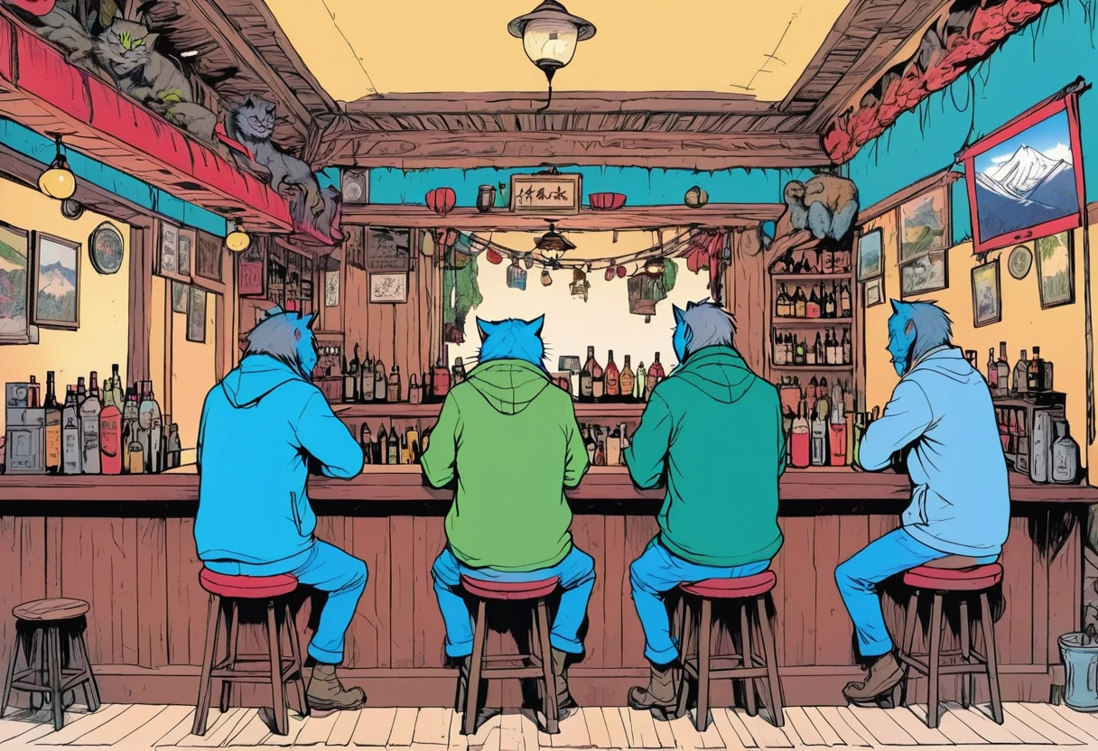 A bar in the mountains owned by a monster wildcat、Back view of three wildcat gentlemen sitting at a counter、