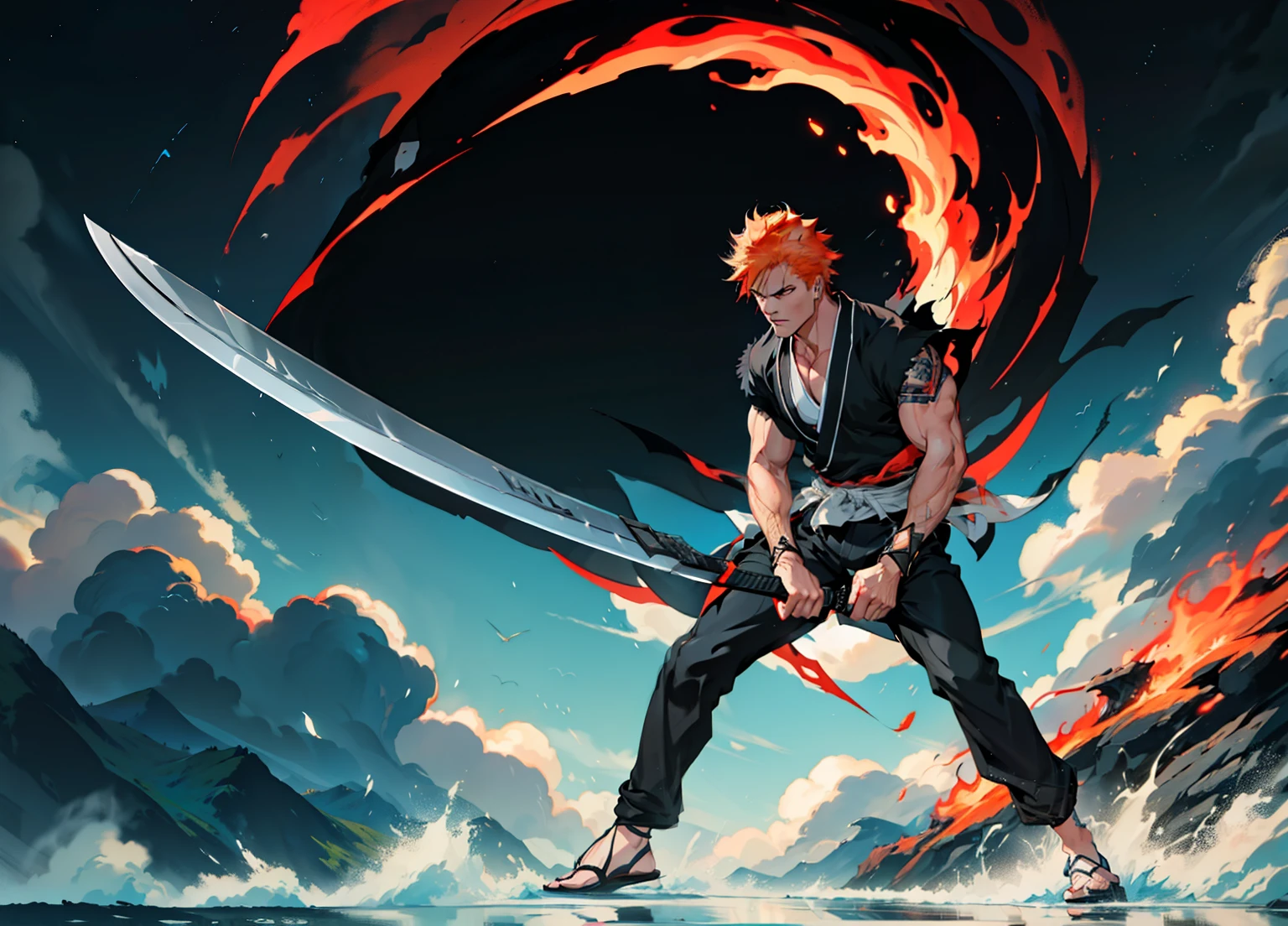 1boy, 26 Years old, Serious face, orange hair, muscular, black kimono, ((black long pants)), holding giant sword, blue sky, cloud, red atmosphere 