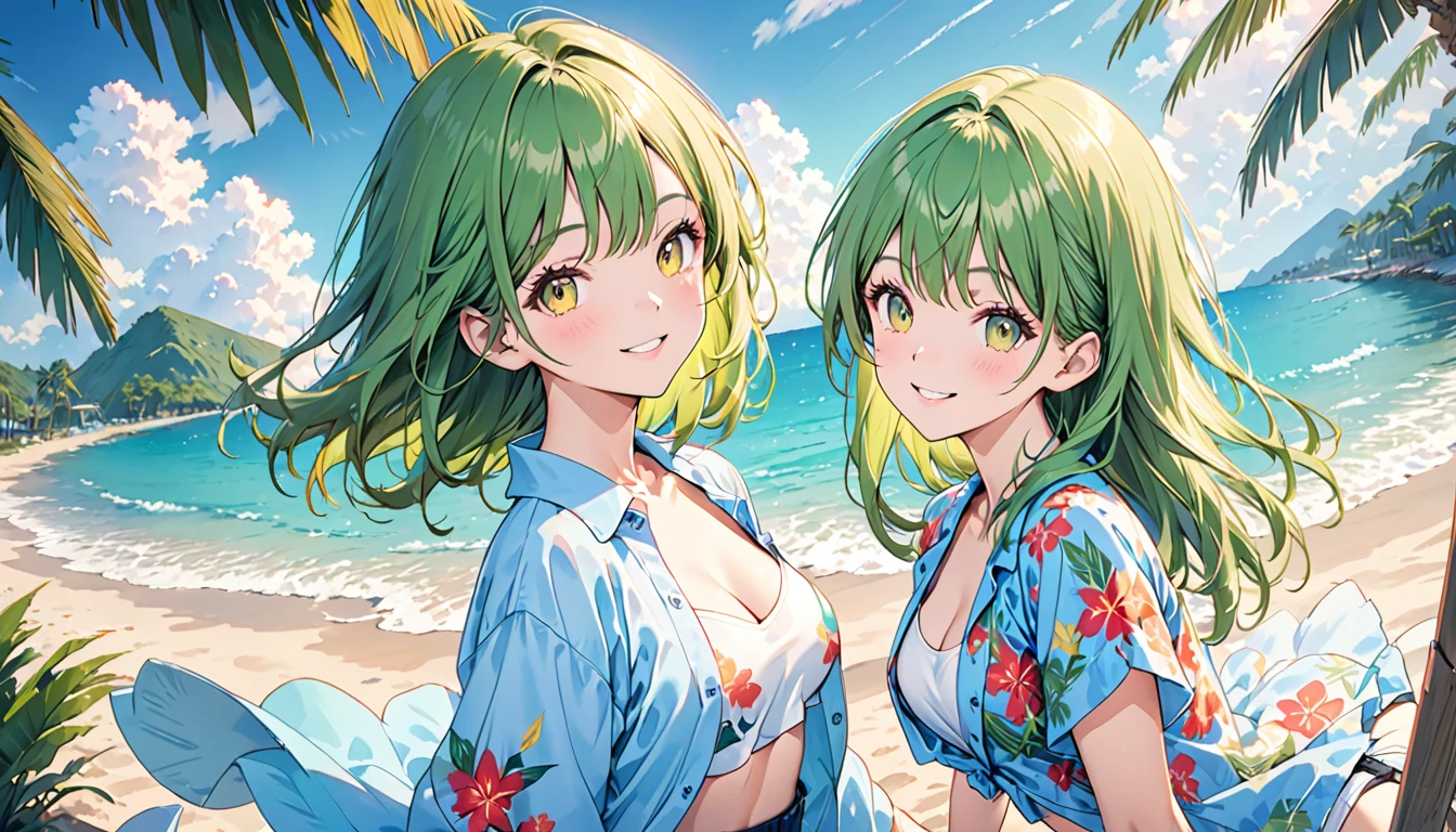 (半袖Aloha Shirt、Aloha Shirt:1.3)、(Open shirt、smile:1.4)、masterpiece、highest quality、Cowboy Shot、hot pants、Thighs、Beautiful girls、Yellow-green hair、Beach、Blue sky and sea、Looking at the viewer、Small waist、8k、Official Art、生のphotograph、Incredibly absurd、Face Light、Dynamic Lighting、Cinematic lighting、Bikini Tops、Ultra-realistic、High resolution、photograph、Film Grain、chromatic aberration、Sharp Focus、Highest detail、 Palm tree、Very detailed、Super detailed、Finely detailed、Very detailedな目と顔