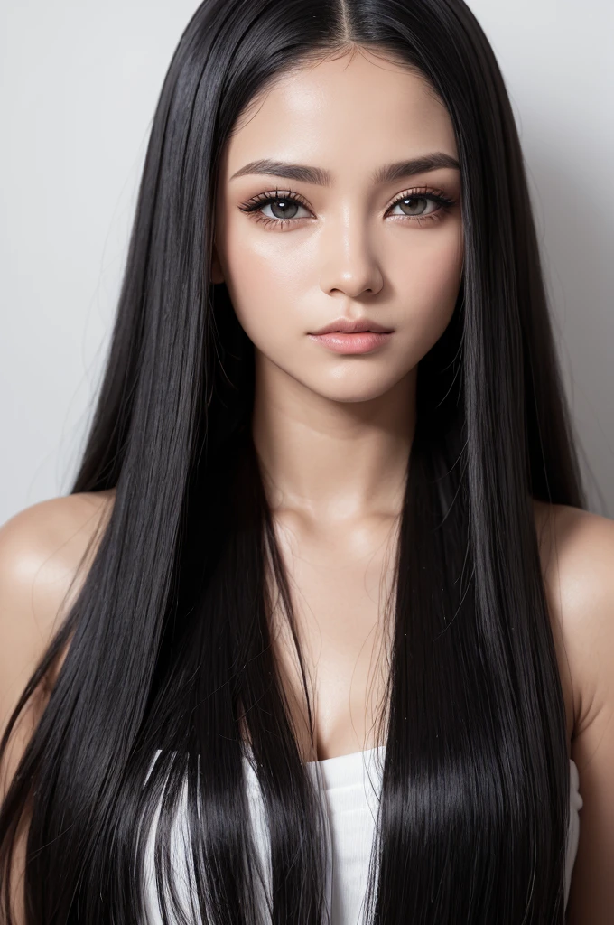 deusa com olhos dourados brilhantes, cabelo preto liso e pele branca