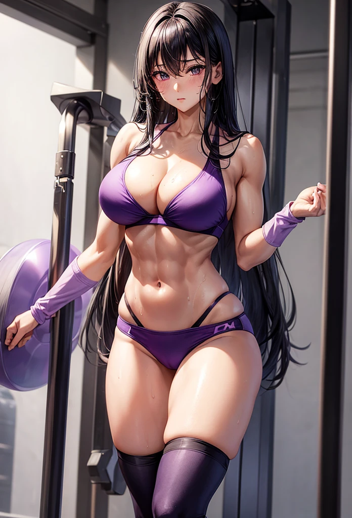 beautiful girl、Big Breasts、Black Hair、Long Straight、Great style、Nice body、Abdominal muscles、Muscular、Training Gym、Light purple bra top、Cleavage、Light purple bikini pants、Beautiful buttocks、Toned Legs、Are standing、The whole body is visible、Sweaty skin、Training socks