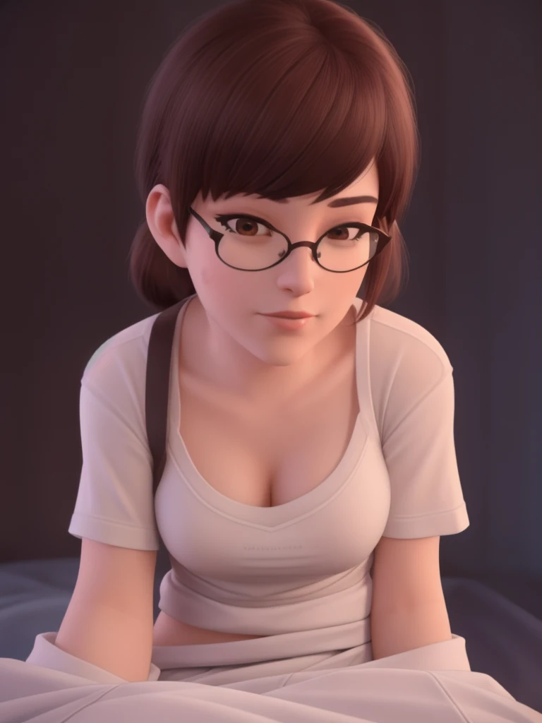 DVA from Overwatch without mech, a beautiful woman with short brown hair in a ponytail, very big round glasses, high quality refelctions, reflections on glasses, volumetric lighting, wearing a plain white t-shirt, in her bedroom on her bed, 1 girl solo, cinematic lighting, high resolution, physically-based rendering, extremely detailed, 8k, volumetric lighting, hyperrealistic, detailed facial features, masterpiece, intricate details, full body, nsfw