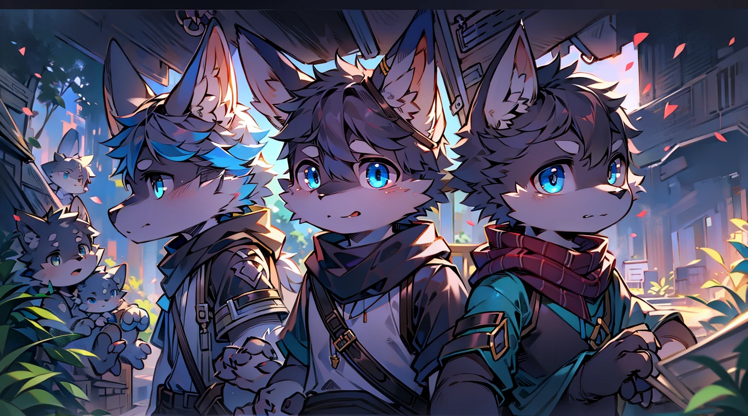 Wolf,juvenile,male,Gray-black fur,Sky blue eyes,Black combat uniform,scarf,Holding a long sword,scabbard,Draw the Sword,Everlasting,only,dawn,illumination,rest,Break