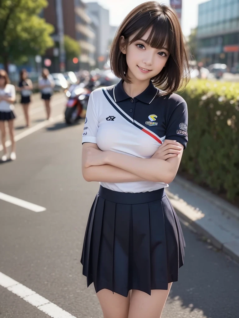 (8k, RAW Photos, highest quality, masterpiece:1.2), (Realistic, photo-Realistic:1.4), (Highly detailed 8k wallpaper), ((Full Body Shot)), (1 girl), Sharp focus, Depth of written boundary, Cinematic lighting, Soft Light, 緻密な美しさのeye, eye_Chan, Very beautiful 17 year old girl, innocent big eyes, Realistic, photo Realistic, Highly detailed cute girl, (Thin thighs), (Model Body Type), (((Team SUZUKI ECSTAR MotoGP polo shirt))), ((Micro Mini Pleated Skirt)), (((Fold your arms in front of your chest and act arrogantly))), ((A happy smile)), Parted lips, Watching the audience, (On the streets of Britain) , (Brown Hair),(Short Bob Hair), (Asymmetrical bangs)