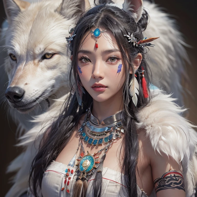 Shirakami-Sanchi、Hair flow、 ((highest quality、masterpiece、8k、Best image quality、Ultra-high resolution、Award-winning works)、(Accurate anatomy:1.1)、(Look at me and smile:1.1)、Shining fair skin with Ultra-high resolution、The most detailed face、Ultra-high resolution detailed face、Ultra-high resolutionの髪の毛、(Ultra-high resolutionの煌めく瞳:1.1)、Beautiful face drawn in every detail、(Blurred Background:1.1)、Native American white costume, American Indian Clothing, Chest to chest, tattoo、A real giant condor next to you。Observe the white wolf