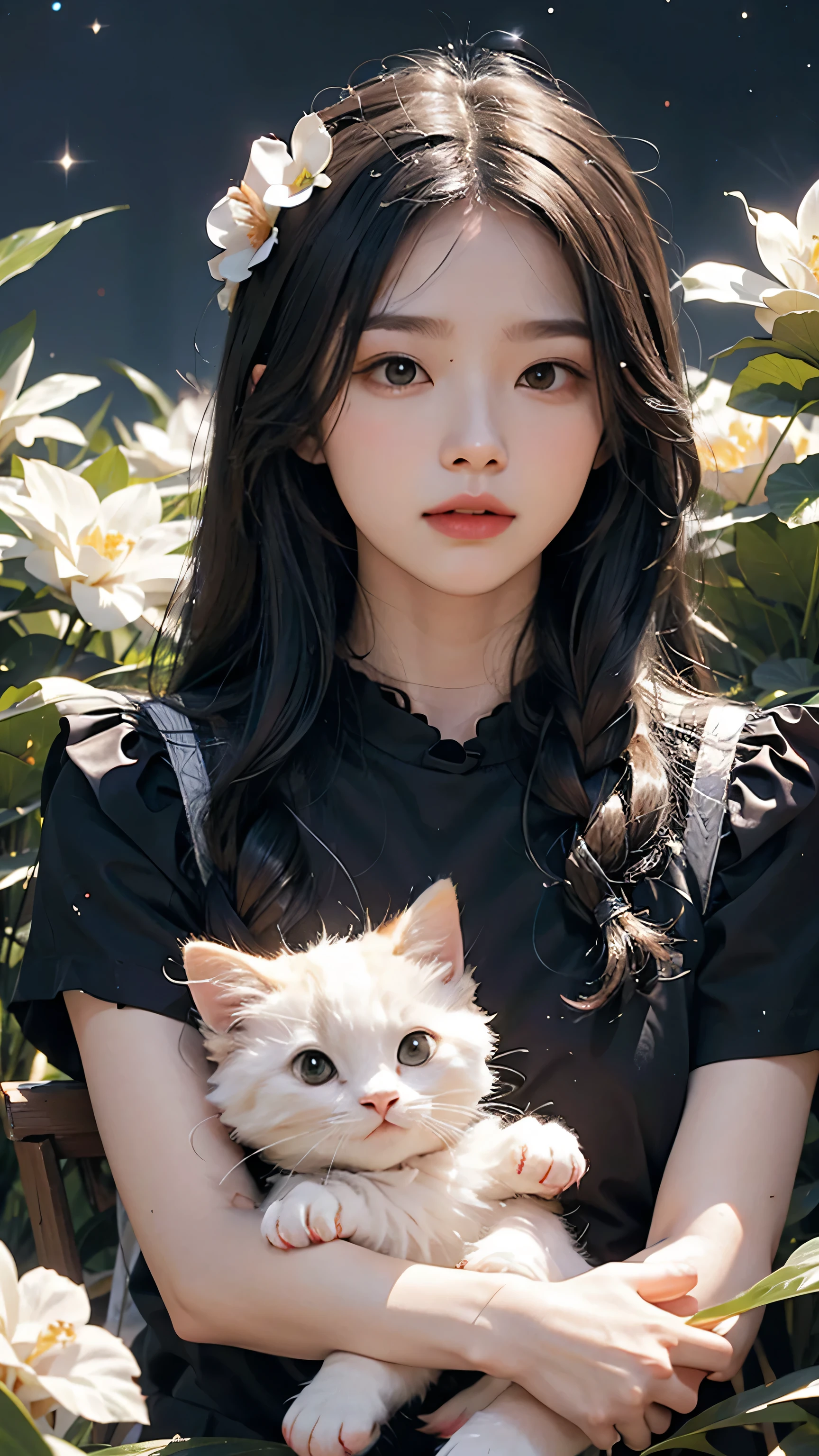 A realistic image depicting a beautiful girl with the features, She is wearing a crown and has angel wings on her back. The girl has large, expressive eyes and is accompanied by a white cat with a cute and innocent expression. The overall tone of the image should be serene and ethereal, with soft lighting and intricate details. The focus should be sharp, capturing the delicate features of the girl and the cat. The image should be high resolution, with a resolution of at least 8K, to showcase the intricate details and bring out the realism. ar-- 9:16 --v 6