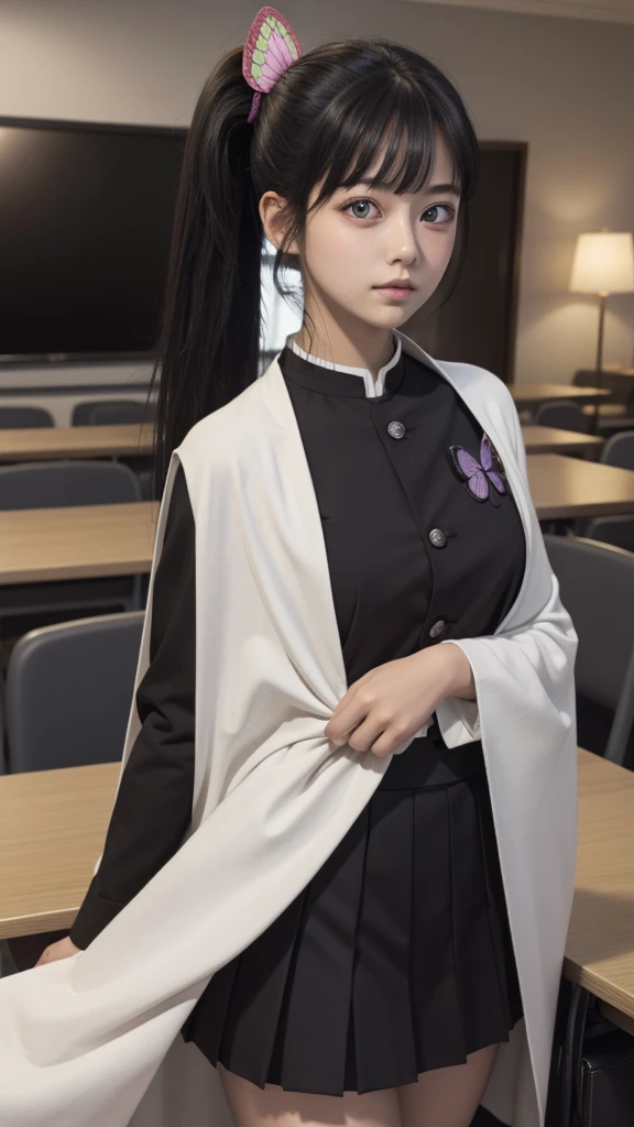 kanaotsuyuri, kanao tsuyuri, black hair, butterfly, butterfly hair ornament, (purple eyes:1.1), side ponytail, ponytail, nude грудь , naked ,
BREAK cape, demon slayer uniform, long sleeves, pleated skirt, skirt, white cape,
BREAK looking at viewer,
BREAK classroom, голая грудь, обнаженная грудь
BREAK (masterpiece:1.2), best quality, high resolution, unity 8k wallpaper, (illustration:0.8), (beautiful detailed eyes:1.6), extremely detailed face, perfect lighting, extremely detailed CG, (perfect hands, perfect anatomy), panties , panties, erotic photo shoot, nude , naked
