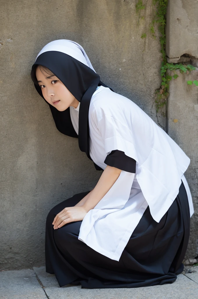girl dressed as a very short nun.'s suit kneeling praying naked with her little sister