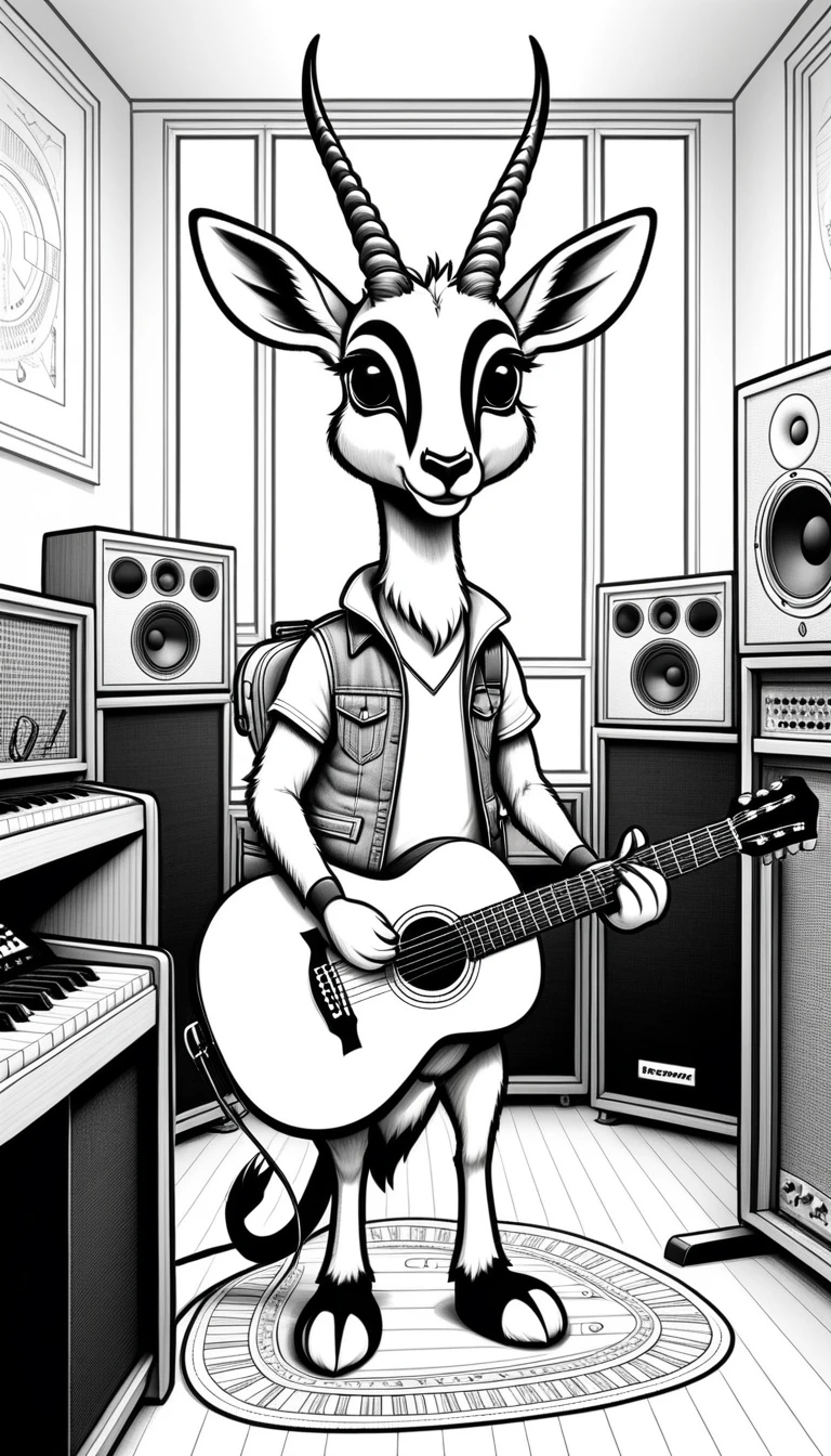 linear black and white drawing of a cuddly antelope composes his new song with guitar in the recording room full of musical instruments. Wide view, simple lines, thin and defined outlines, no shading, no colors, perfect to be colored, cartoon style, clean lines, suitable for children.