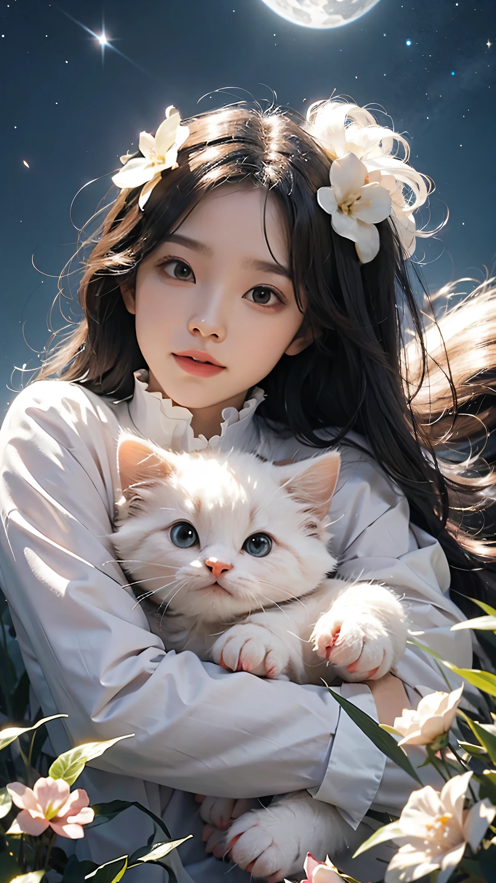 A  and a fluffy white kitten, flowers, sleeping, long black hair, night, starry sky