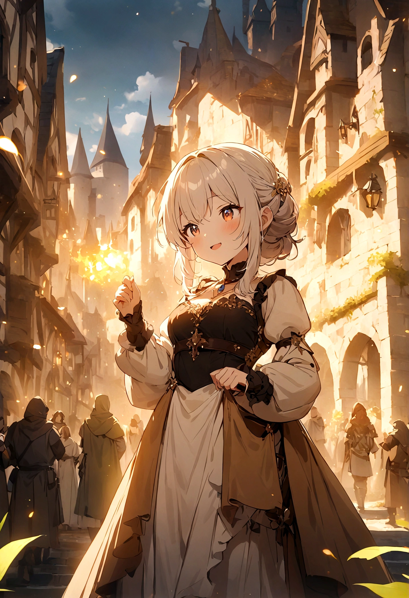 (masterpiece:1.2),(anime),1girl,(Medieval Background),Fantasy,cute,Light Effects