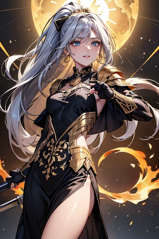 #Basics A girl is posing for a photo, animeのかわいい女の子, (((One Girl, Baby Face, 16 years old))),
BREAK
#Clothing Accessories
((Gold on black)Armor with a flame motif:1.4 : (Gold on black)Gauntlet of:1.4 + (Gold on black)Breastplate:1.4 + (Gold on black)Chest armor:1.4 + (Gold on black)Shoulder rest:1.4 + ((Gold on black)Long dress-like protective armor:1.4 + Combat Long Dress) + Black cape + Holding a big spear:1.4),
((Golden hoop earrings)),
BREAK
#Features
(Silver Hair:1.4, Chest-length sideburns, ponytail : Hair blowing in the wind + Very long hair + Curly hair + Messy Hair),
(Droopy eyes,blue eyes), (Small breasts),
BREAK
#expression
(smile),
#background environment
((noon:1.4 + Grassland with horizon view:1.4 + blue sky + Sunshine)),
#composition
(Face the viewer:1.4, from below:1.4, (Dynamic Pose:1.4 + Are standing:1.4), Cowboy Shot:1.4),
BREAK
#Body parts elements
(Beautiful Hair,Shiny Hair),
(double eyelid, Long eyelashes),
(Expression of fine eyes, Beautiful and delicate eyes, Sparkling eyes, Eye Reflexes),
(Human Ear),
(Beautiful Nose, Thin Nose),
(Glossy lips, Beautiful Lips, Thick lips), (Symmetrical facial features),
(Detailed skin, Textured skin, Beautiful Skin),
BREAK
#Quality
(((highest quality)), ((masterpiece)), ((Very detailed))), ((High resolution), (16k,1080p)),
(Realistic), (Anatomically correct),
((comics, anime)), (3DCG), CG illustration,