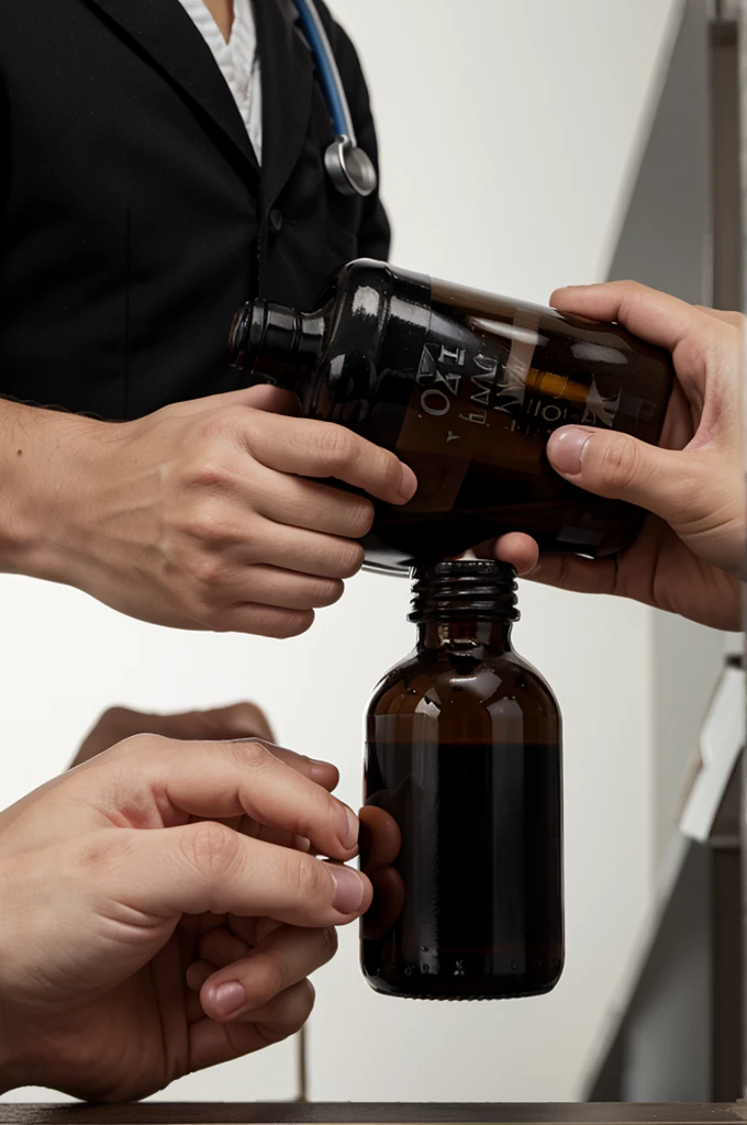 doctor holding small black bottle