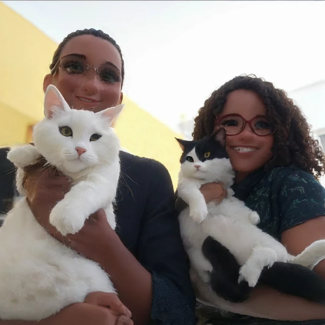 ((melhor qualidade)), ((Obra de arte)), (detalhado), 1 mulher Pequena branca com cabelo cacheado ondulado, com roupa de turista, 1 gata peluda branca emburrada, 1 gata preta e branca feliz