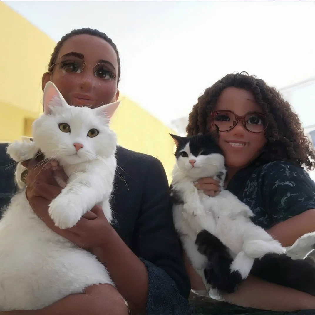 ((melhor qualidade)), ((Obra de arte)), (detalhado), 1 mulher Pequena branca com cabelo cacheado ondulado, com roupa de turista, 1 gata peluda branca emburrada, 1 gata preta e branca feliz