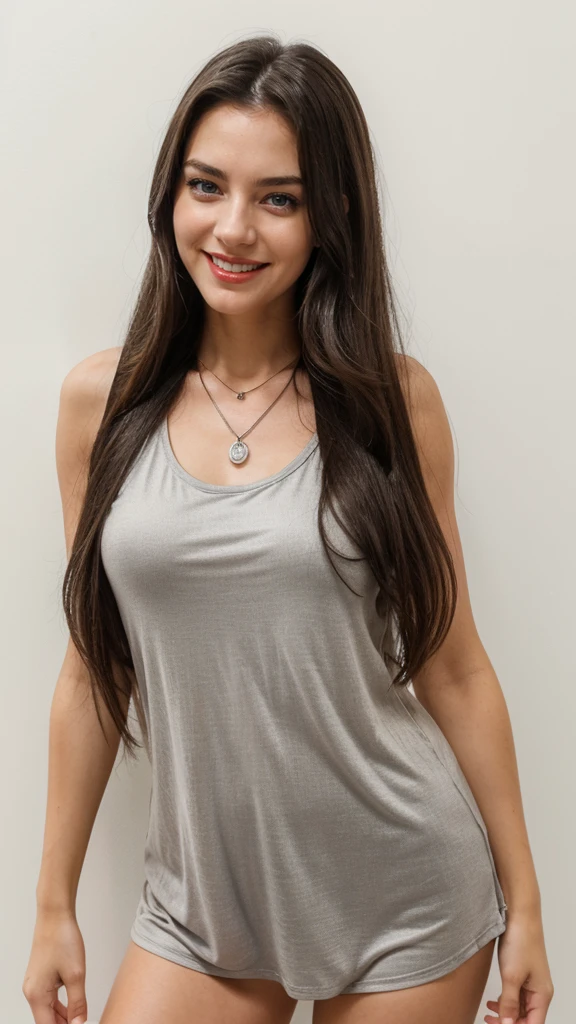 A young woman with long dark hair is smiling at the camera. She is wearing a black tank top and a silver necklace with a sun pendant. Her hair is pulled back and she has a light complexion. She is looking at the camera with a warm, friendly smile. The background of the image is a white wall.