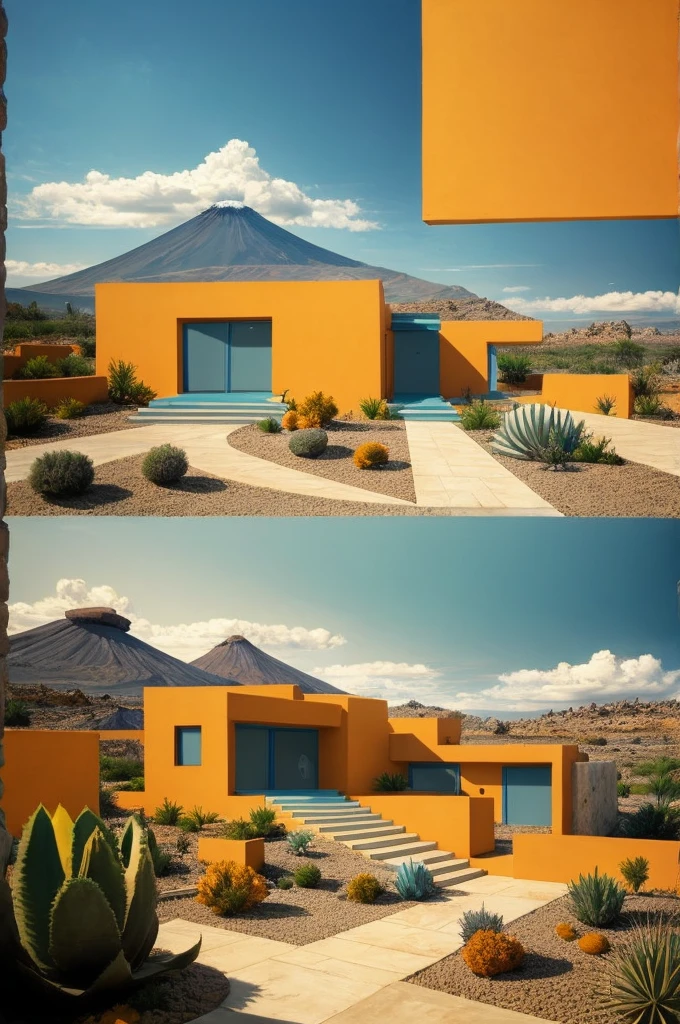 An illustration in collage style, with giant boulders, brutalist building sections, terraces, stairs, cacti, agave, concrete texture, multiple geometric shapes, hatch and cross hatching, planet saturn, volcano, moon, Luis Barragán's architectural style build, milky way galaxy, violet, one motorcycle, An illustration in collage style, with giant boulders, brutalist building sections, stairs, cacti, agave, concrete texture, multiple geometric shapes, hatch and cross hatching, planet saturn, volcano, moon, Luis Barragán's architectural style build, reflective pool, terraces. An elegant and modern build, in top of big boulders, with terraces, materials concrete, wood, steel and crystal, various gardens with tropical vegetation, cacti and rocks, stairs, a pool. In middle of sea, a big wave near, sunset, mountains and a volcano in the horizont, cute islands around, illustration format, cute color palette, detailed, masterpiece, award-winning work, clouds, Illustration, a garden with abundant cacti, ((various organic sculptures)), ((big rocks)), (((multiple sections))), collage style, detailed, (((color palette (olive green), (Mustard orange), cool grey, ((blue)), black and white))), (((a lot Luis barragán's architecture style builds))) big clouds, volcano in horizon, stairs, in the desert. ((masterpiece, best quality)),illustration,ultra detailed 8k, ((Ori Toor visual style)),soviet, megabuildings, megastructures, buildings, organic steel sculpture